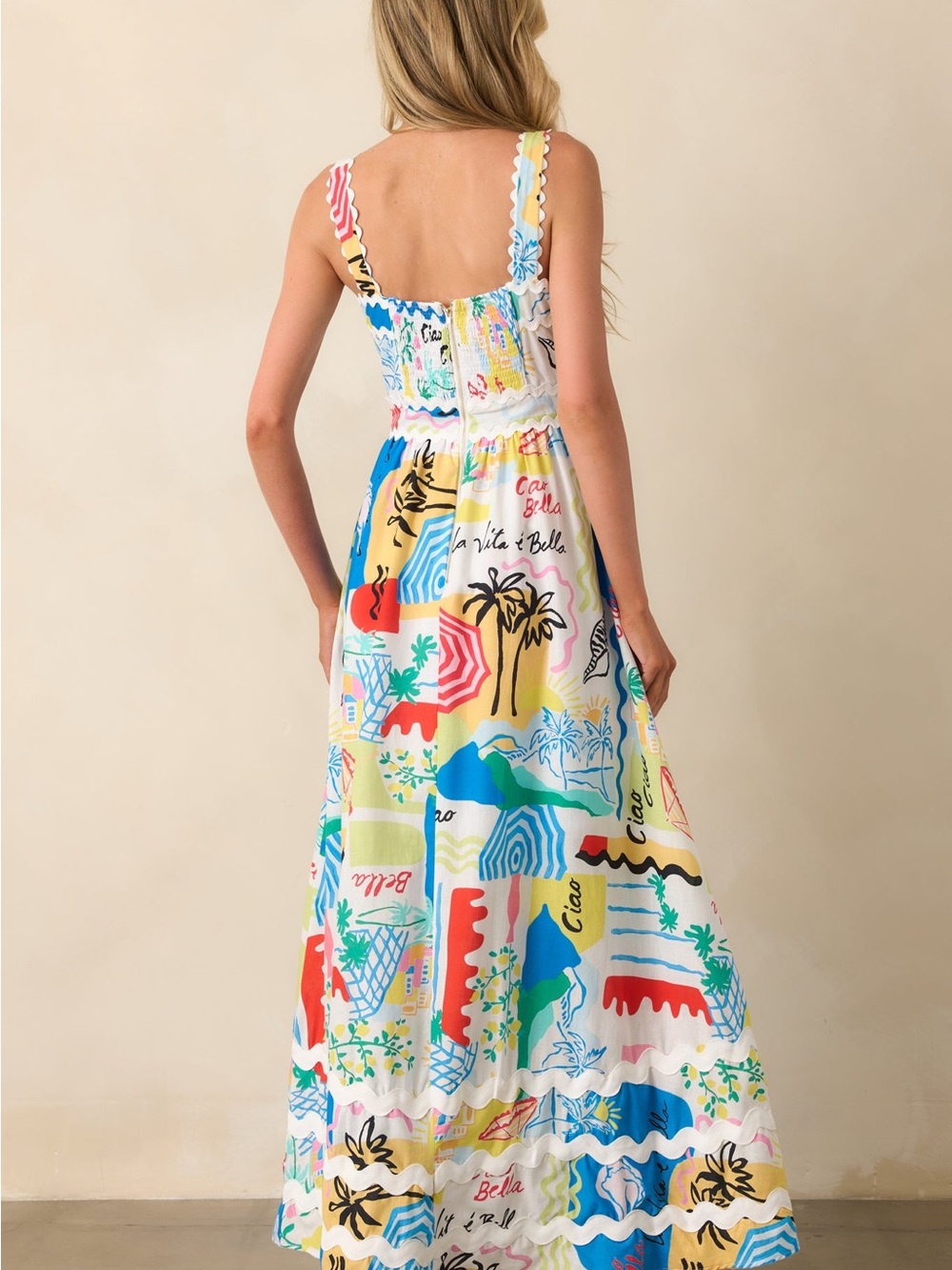 NWT Prosperina Florence Tropical Print Linen Maxi Dress Colorful Ric Rac Trim S - Picture 6 of 7